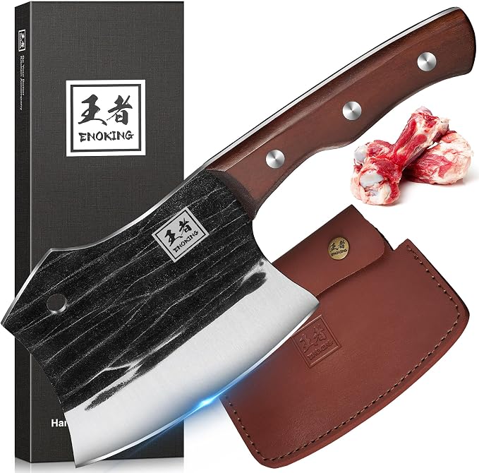 ENOKING 5.7" Bone Cleaver Knife, Heavy-Duty Butcher Knife with Full Tang Hand-Forged Blade, Meat & Bone Chopper with Leather Sheath for Kitchen