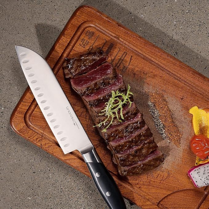 linoroso Santoku Knife 7 inch Meat Kitchen Asian Chef Knife, German High Carbon Stainless Steel Chopping Knife with Full Tang Ergonomic Handle for Home Kitchen and Restaurant