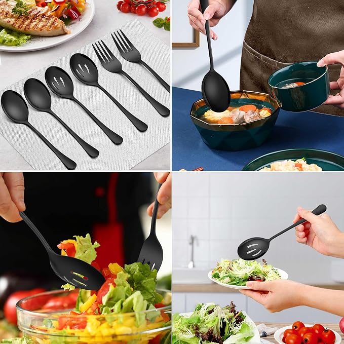 Homikit Large Black Serving Spoons Forks Set of 6, Stainless Steel Serving Utensils for Catering Buffet Banquet Party Kitchen Restaurant, 9.8 Inch Big Metal Hostess Set, Dishwasher Safe