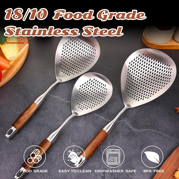 MARTE Skimmer Slotted Spoon Set of 3-304 Stainless Steel Spider Strainer Tools Ladle Spoon with Handle for Cooking and Frying - Kitchen Large Pasta Strainer Frying Colander - 14.8In,16.5In,17In