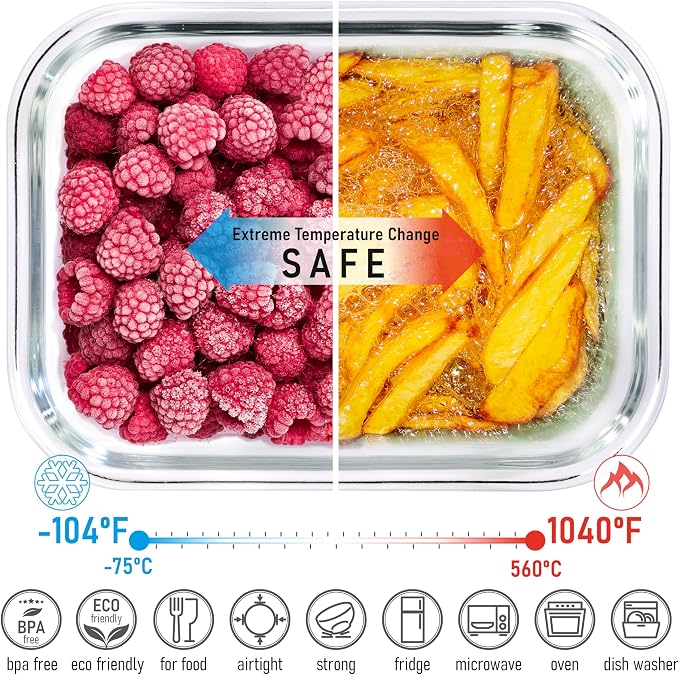 Glass Container Set with Acacia Lids - 4 Stackable Meal Prep Containers. Durable heat resistant Inert Borosilicate Glass