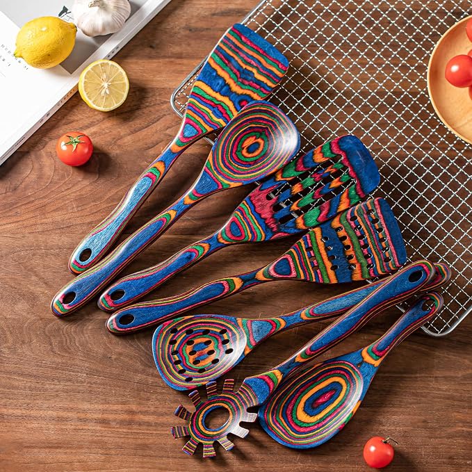 Gudamaye Pakka wood 7-Piece Blue Wooden Cooking Utensils, Wooden Spoons for Cooking, Wooden Spoon Set, Wooden Kitchen Utensil set, Pakkawood Cooking Spoons, Non-Stick Spoon,Pakkawood kitchen utensils
