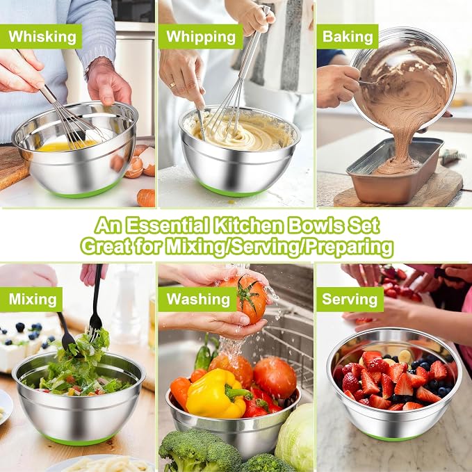 TeamFar Mixing Bowls, Stainless Steel Mixing Bowls with Lids, Nesting Salad Bowls with Air-tight Lids & Non-slip Bottom, Dishwasher Safe & Stackable, Set of 6-4.6/2.6/2 / 1.5/1 / 0.7 Qt