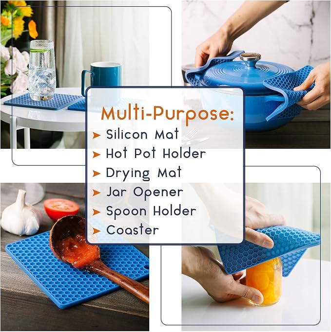 BTaT- Silicone Trivet Mats, 2 Pack, Blue, Heat & Stain Resistant | Non Slip Hot Pads Kitchen Potholders Jar Opener Spoon Holder Food Grade Silicone