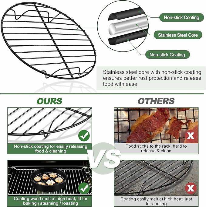 TeamFar Round Cooling Rack, 7.5’’ Small Baking Roasting Grilling Rack with Stainless Steel Core & Non-stick Coating, for Cooking Steaming Cooling, Healthy & Sturdy, Oven Safe & Easy Clean – Set of 2