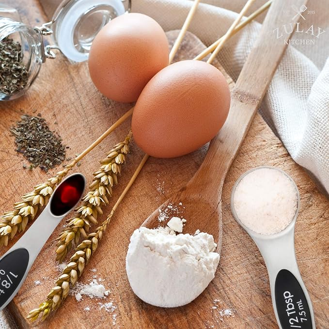 Premium Stainless Steel Magnetic Measuring Spoons, 8 Piece Set with Leveler, Easy to Attach and Detach, Double-Sided Design fits Spice Jars, Perfect for Measuring Liquid & Dry Ingredients - by Zulay
