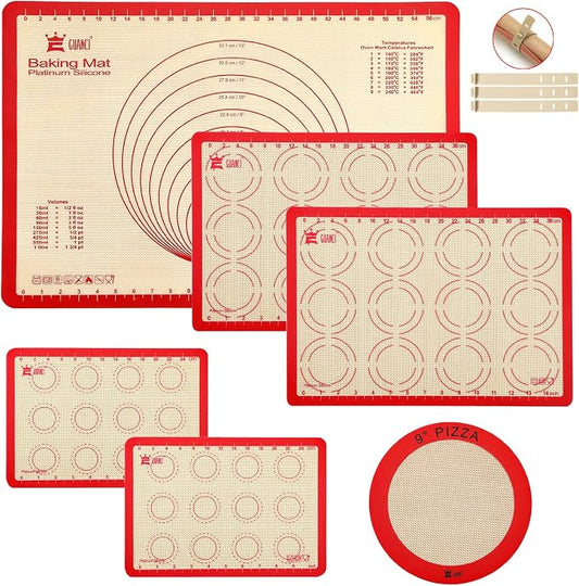GUANCI Silicone Baking Mat Set of 6, Includes 25"x17.5" Large, 2 Medium 16.5"x11.6", 2 Small 11.75"x8.25", 9" Round, All Mats 0.70mm Thick, Non-Stick Reusable Baking Mats for Pizza, Cookie, Bread