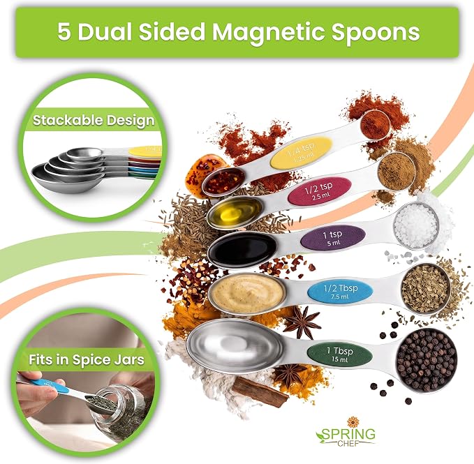 Spring Chef Magnetic Measuring Cups & Spoons Set of 10, Patented, Multicolor