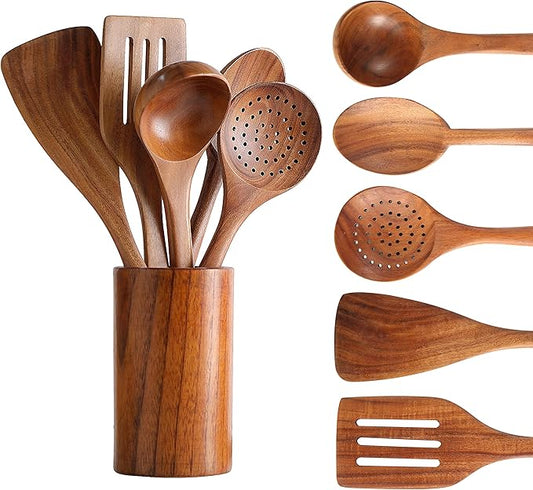 6Pcs Wooden Spoons for Cooking, Wood Kitchen Utensil Set with Holder, Natural Acacia Wood, Heat Resistant, Non-Stick, Wooden Cooking Utensils Set for Mom, Wife Cooking Gifts