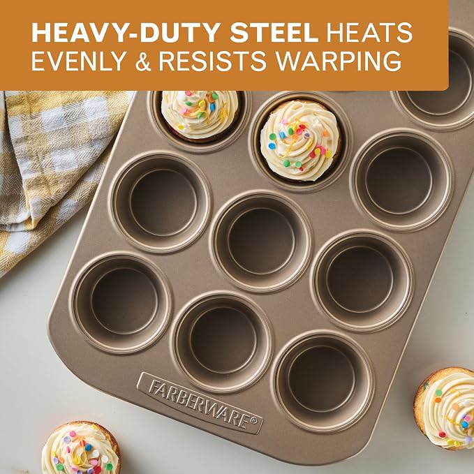 Farberware Bakeware Warp Resistant, Dishwasher Safe, 12-Cup Muffin Pan - Mocha