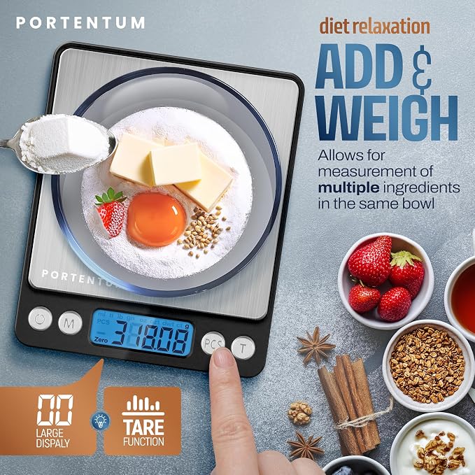 PORTENTUM Digital Kitchen Scale 500g/0.01g - Food or Mail, Electronic, Stainless Steel, Measuring Function for Liquid in ml and fl. oz., Precision Scale