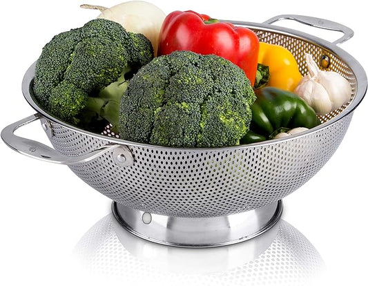 LiveFresh Stainless Steel Micro-Perforated 5-Quart Colander - Professional Strainer with Heavy Duty Handles and Self-draining Solid Ring Base - Dishwasher Safe