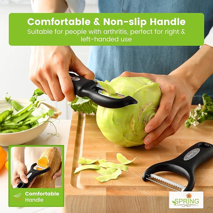 Spring Chef Swivel & Vegetable Julienne Peeler Set for Kitchen with Stainless Steel Sharp Blades - Potato Peelers with Soft Grip Handles & Blade Covers - Perfect for Carrot, Zucchini, Cucumber - Black