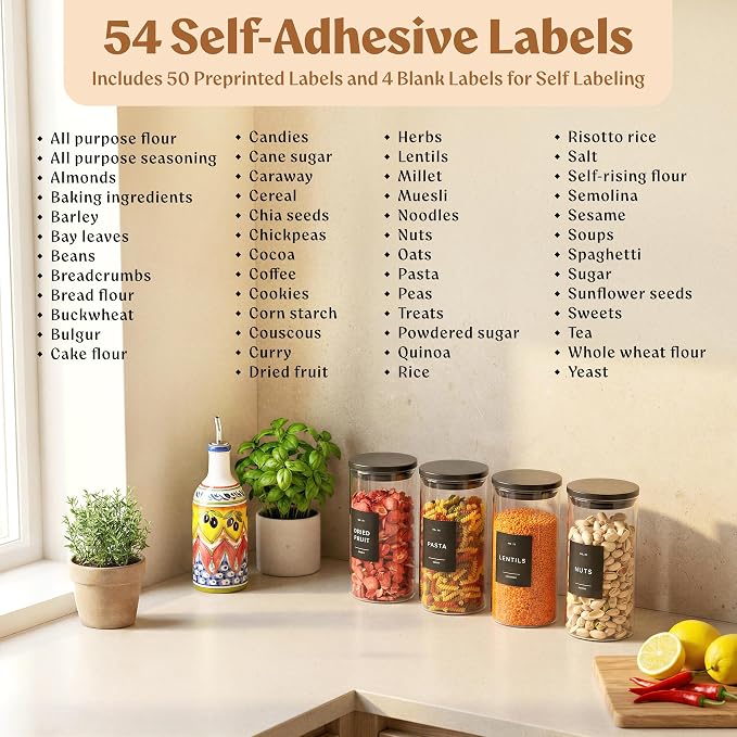 Glass Pantry Storage Jars Containers with Black Lids and Labels - Set of 4 | Extra Thick Round Glass Canisters with Black Lids and 54 Pre-printed Pantry Labels keeps dry Goods Fresh and Organized