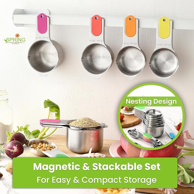 Spring Chef Magnetic Measuring Cups & Spoons Set of 16, Patented, Neon | Stackable Stainless Steel Measuring Cups & Heavy Duty Metal Measuring Spoons with Levelers for Dry & Liquid Ingredients