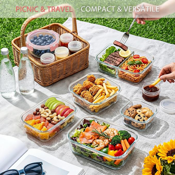 AMALEKO 42pcs Glass Food Storage Containers with Lids Set, 21 Containers & 21 Lids Glass Meal Prep Containers with Snap Locking Lid Set, Leak Proof Lunch Container BPA-Free,Pink