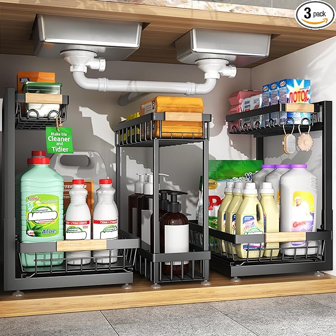 3-Pack 2-Tier Height Adjustable Under Sink Organizer, Black | Multi-purpose metal storage shelf with sliding shelves for kitchen, bathroom, pantry & laundry cabinet