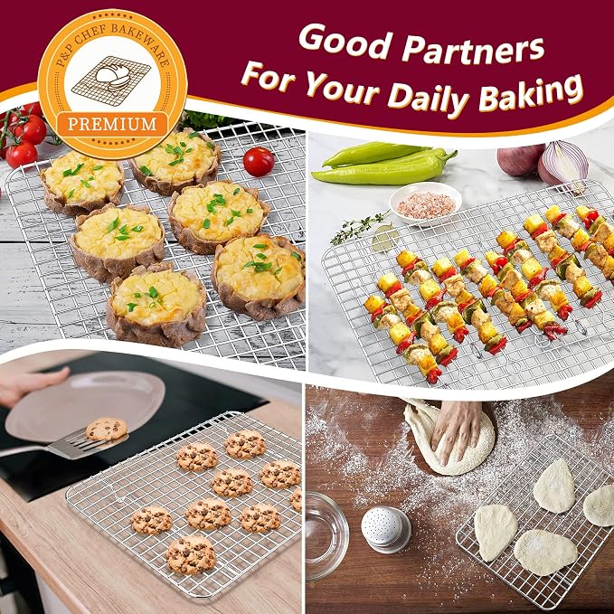 P&P CHEF 16 + 12.5 + 9 Inch Baking Sheet Pan and Cooking Rack - 6 Pieces | 3x Cookie Sheet + 3x Grid Rack, Stainless Steel Oven Tray with Wire Rack for Oven Baking, Healthy & Sturdy & Easy to Clean