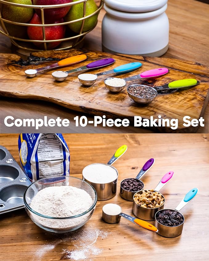 Dusico® Measuring Cups and Spoons Set of 10 - Stainless Steel Metal Measuring Cups Set for Cooking and Baking, Heavy Duty Stackable Measuring Set with Colorful Silicone Handles, Dishwasher Safe