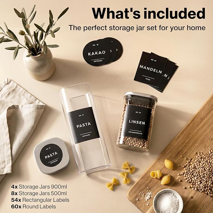 Glass Pantry Storage Jars Containers with Stainless Steel Lids and Labels | 12 Pack Extra Thick Square Glass Canisters with Stainless Steel Lids and Pantry Labels keeps Goods Fresh & Organized