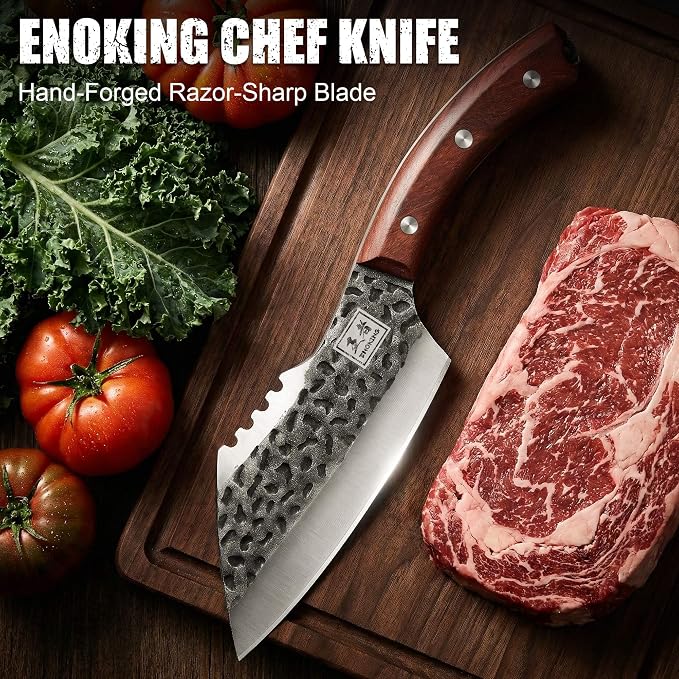 ENOKING 6.1 Inch Meat Cleaver Knife with Sheath, Hand Forged Butcher Knife for Meat Cutting, Full Tang Chef Knife for Kitchen, Outdoor Cooking, Camping, BBQ, with Gift Box