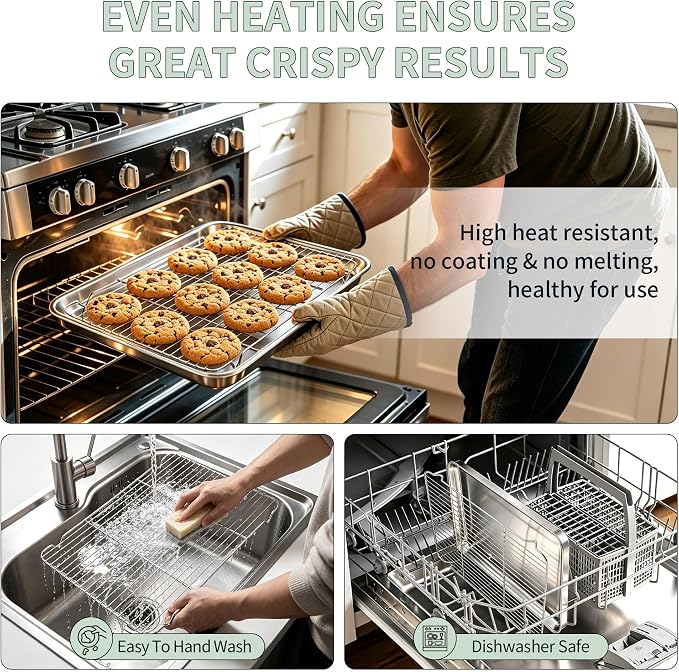 TeamFar Stainless Steel Baking Sheet with Rack Set, 17.6"x13"x1" | 2 Pans + 2 Racks, Cookie Sheet Baking Pan Tray with Cooling Rack for Cooking, Non-Toxic & Rust Proof, Dishwasher Safe