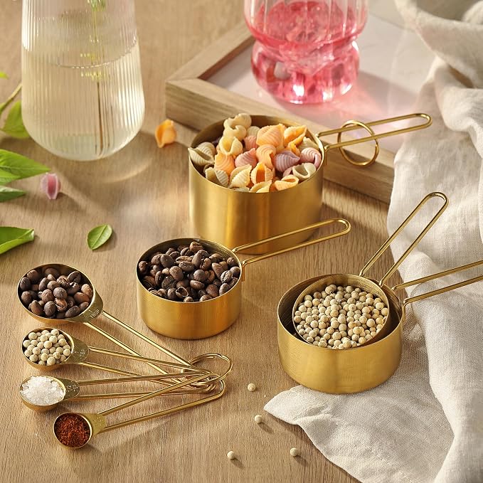 Measuring Cups and Spoons Set, Kaloo 8PCS Stainless Steel Metal Measuring Cups, Gold Finish, Ideal for Cooking and Baking