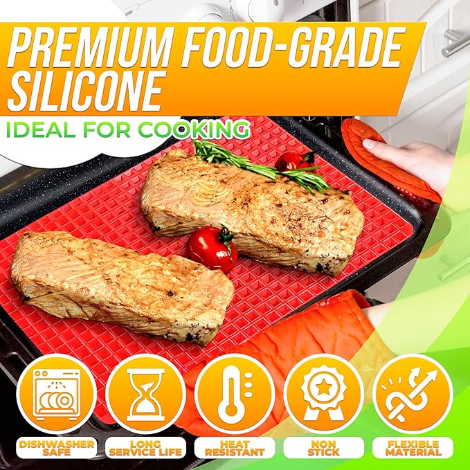 Silicone Baking Mat with Red Pyramid Fat-Draining Design — Non Stick Baking Mat 16 x 11.5" for Oven, Bacon, Roasting Meats, BBQ and Pastry — Food-Grade, Flexible and Dishwasher-Safe Reusable Pan Liner