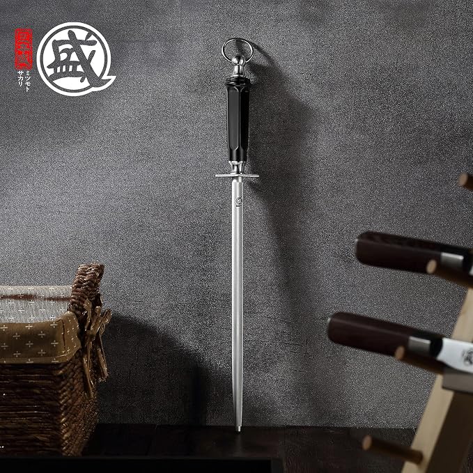 MITSUMOTO SAKARI 10-Inch Round Diamond Knife Sharpening Rod, ABS Handle | Round diamond surface for edge maintenance, high carbon steel rod, ABS handle and built-in magnet