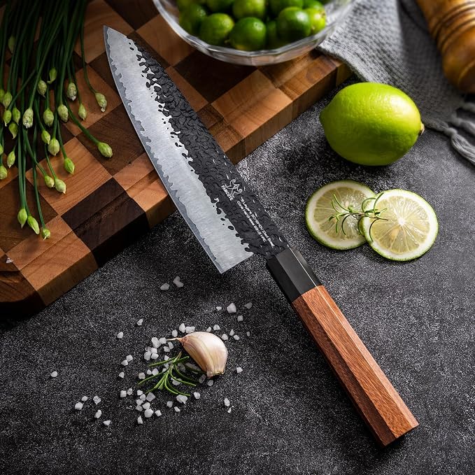 FAMCÜTE Customize Japanese Knife, Hand Forged 8 inch Chef Knife - High Carbon Steel 5 Layers 9CR18MOV Japanese Chefs Knife - Wood Handle Customizable Patterns and Copywriting Kitchen Knife for Gift