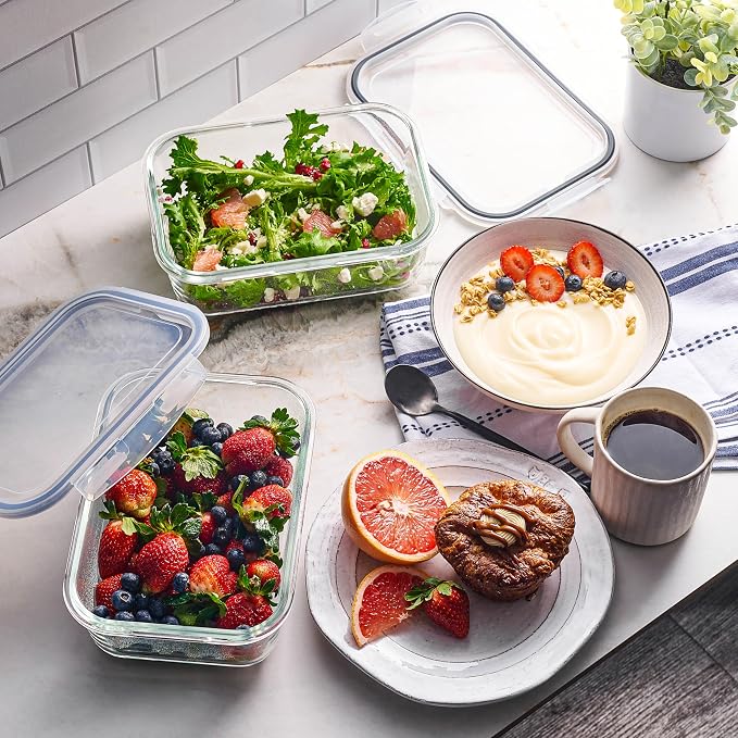 4pc Set - 8 Cup/64oz Large Glass Food Storage Containers with Lids Airtight Meal Prep Container with Lid Lock - Freezer Microwave & Oven Safe Clear Lunch Bowl Stackable Baking Pantry Organizer (2Pack)