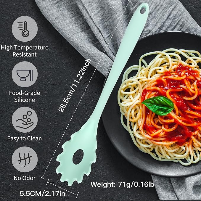 Spaghetti Spoon Set with Non-Slip Silicone Teeth, 12-Inch Non-Slip Pasta Spoon, Heat Resistant Kitchen Utensils with Storage Holes, Dishwasher Safe (green)
