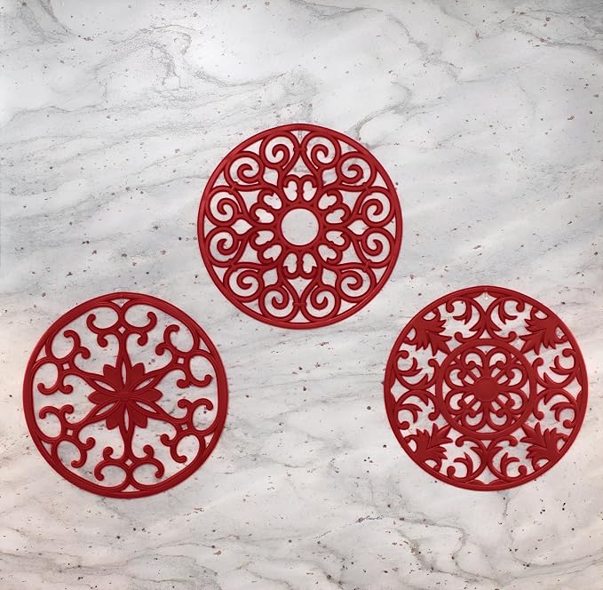 GASARE, Extra Large, Thick, 10" Silicone Trivets for Hot Dishes, Pots, and Pans, Hot Pads for Countertops, Flexible, Dishwasher Safe, 10 x ¼ Inches, Set of 3, Red