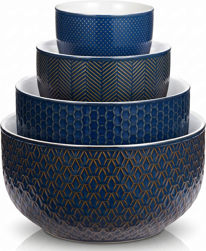 Kook Ceramic Nesting Bowls, Embossed Kitchen Bowls, For Prep, Mixing and Serving, Microwave and Dishwasher Safe, Midnight Blue with Burnt Copper Accents, 20/44/98/145 oz, Set of 4, Narbonne Collection