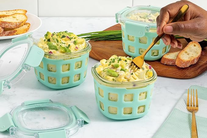 Ello DuraGlass Rounds Glass Food Storage Containers - Meal Prep Bowls with Silicone Sleeve and Airtight Lids, 2 Cup, Yucca (Pack of 6)