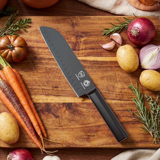 OOU® Black Blade 7 Inch Santoku Knife with AgShield™ & Cerablack™ Technology, Rust-Resistant & Easy-Clean Finish, Japanese Style Hollow Edge for Dicing & Mincing