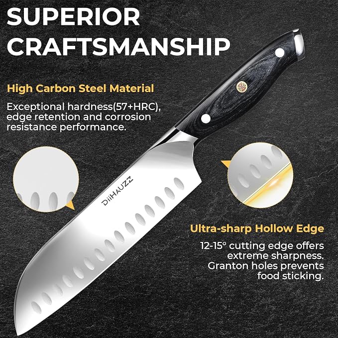DiiHAUZZ Chef Knife, 7 Inch Ultra Sharp Japanese Santoku Knife, High Carbon Steel Forged Professional Kitchen Knife with Full Tang Triple-Riveted Ergonomic Handle for Slicing, Chopping, Dicing