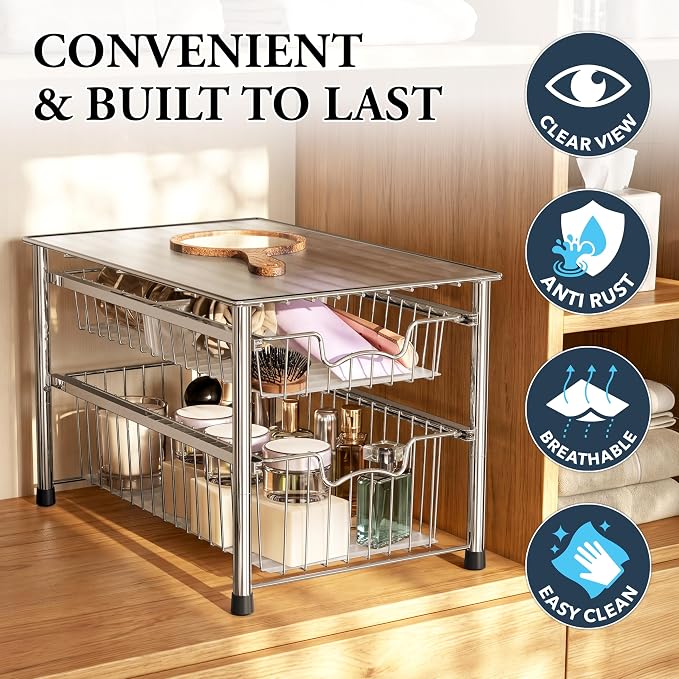 Simple Houseware Stackable 2 Tier Sliding Basket Organizer Drawer, Chrome