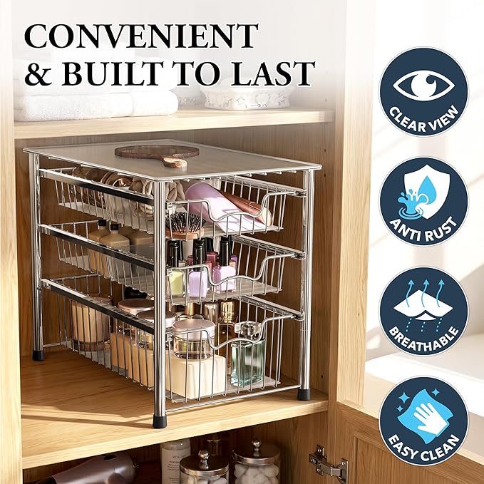 Simple Houseware Stackable 3 Tier Sliding Basket Organizer Drawer, Chrome