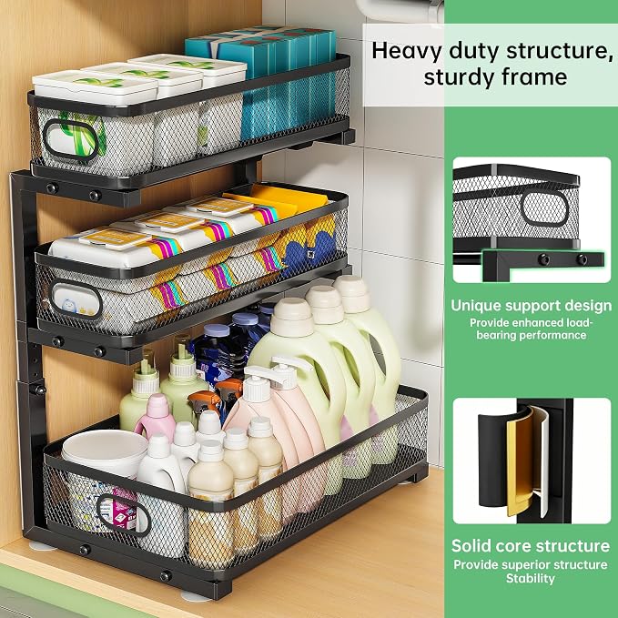 2-Pack 3-Tier Under Sink Organizer, Slide Out Cabinet Storage, Kitchen/Bath | 2-Pack Value Set, Height Adjustable, Carbon Steel Holds 60 lbs Each, Fits Kitchen & Bathroom Vanity Simultaneously
