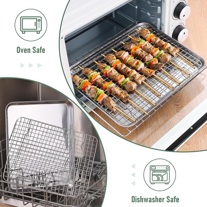 Homikit Baking Sheet with Wire Rack Set (1 Pan+1 Cooling Rack), 12" x 10" | Stainless Steel Quarter Sheet Pan with Grid Cooling Rack for Toaster Oven Roasting, Metal Bacon Cookie Trays with Baking Rack