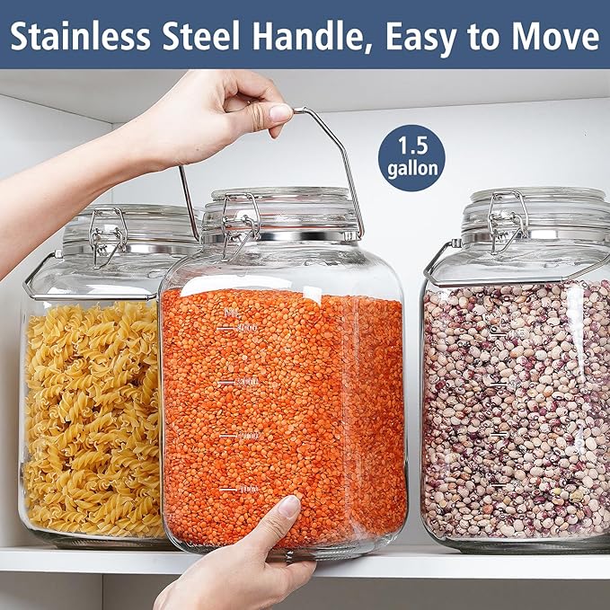 Folinstall 1.5 Gallon Glass Jar with Lid, Wide Mouth Mason Jars, 2PCS | Airtight Lid & Stainless Handle, 4.3" Large Opening, 2 Measurement Marks, BPA-Free, Glass Storage Containers, Dishwasher Safe