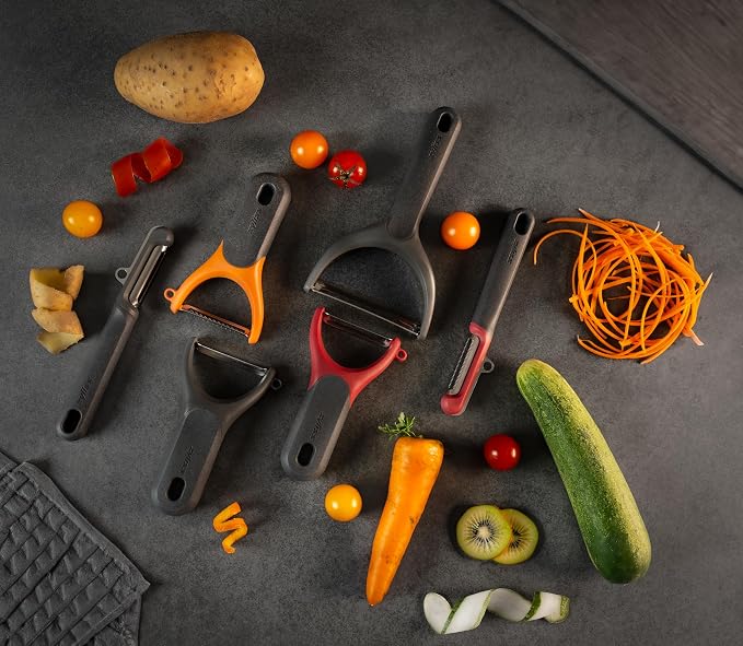 Zyliss Julienne Y Peeler – Ultra-Sharp Stainless Steel Blade for Carrots, Zucchini & Potatoes – Ergonomic Wheatstraw Grip – Built-in Eye Cutter & Safety Cover – Dishwasher Safe – Orange