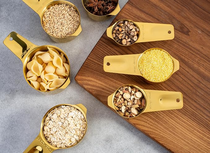7-Piece 18/8 Stainless Steel Measuring Cups Set, Gold | Includes 1/16, 1/4, 1/3, 1/2, 2/3, 3/4 and 1 Cup, Engraved US and Metric Markings, Pour Spouts and Ring Connector
