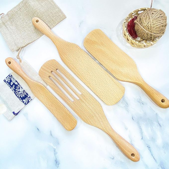 Wooden spurtles set 4pcs of Cooking Utensils,Natural beech Spatulas for cooking, wood spoon for cooking,Slotted Spurtles kitchen tools for Stirring, Mixing
