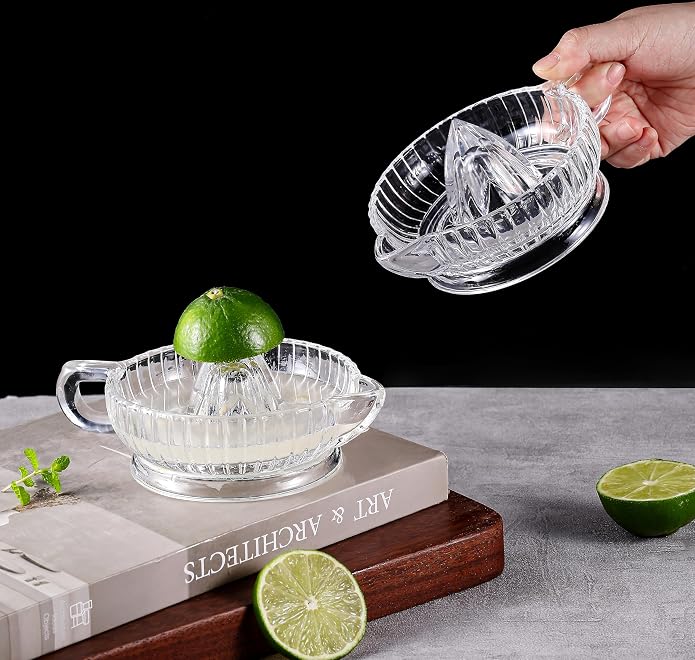Manual Lemon Citrus Juicer with Handle and Pour Spout Clear Glass Orange Juice Extractor for Lime Home Kitchen Bar Gadget