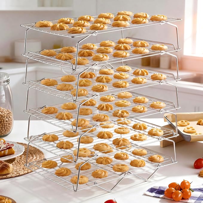 LIANYU 5-Tier Stackable Cooling Rack for Cooking & Baking, 10"x15", 2 Pack | Stainless Steel Collapsible Cooling Rack for Cookies, Cakes, Baking Wire Racks Fits Jelly Roll Pan, Oven & Dishwasher Safe
