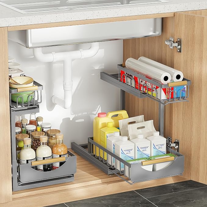 Under Sink Organizer and Storage for Bathroom and Kitchen - 2 Pack 2 Tier | Cabinet Pull Out Shelf Organizers - Slide Out Drawer Organization for Home Cabinets Shelves and Drawers