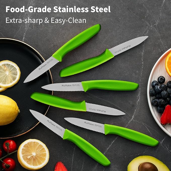 Stainless Steel Paring Knife With Serrated Blade, 6 Pieces Set Vegetable and Fruit Knife, Ultra Sharp Small Kitchen Knife,Green Paring Knives with PP Plastic Ergonomic Handle.