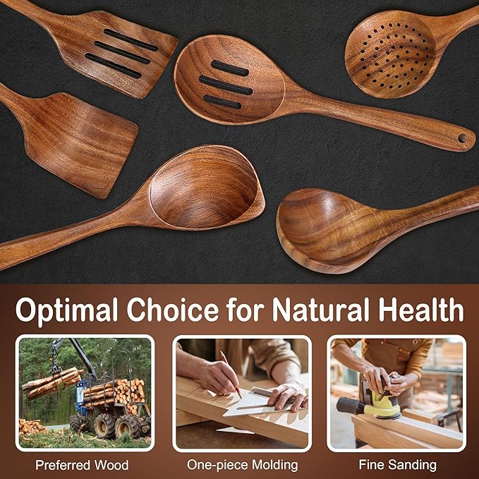 Wooden Spoons for Cooking, Natural Premium 6 Piece Teak Wooden Cooking Utensils Set, Large Heat Resistant Wooden Spoons and Wooden Spatulas for Nonstick Cookware Cooking Gifts